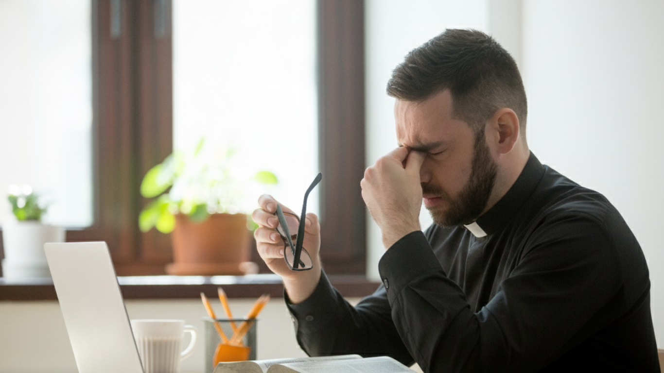 Sacerdote cansado diante da mesa, pensando em como evitar o burnout